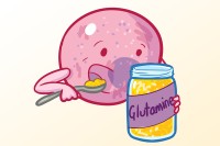 a cartoon of a cancer cell spooning glutamine from a jar