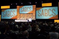 A presentation stage at the San Antonio Breast Cancer Symposium.