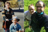 Composite image of Ruben as a young boy with his mother and present day as an adult with his mother.