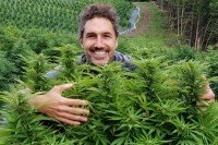 Ethan Zohn is pictured in a field of cannabis plants.