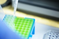 A scientist pipetting in a lab