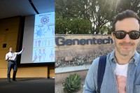 Dr. Teddy Yewdell presenting at the MSK Postdoc Slam and in front of the sign of his new employer, Genentech.