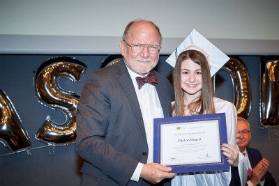 MSK patient Payton Bogert (right) with pediatric oncologist Paul Meyers