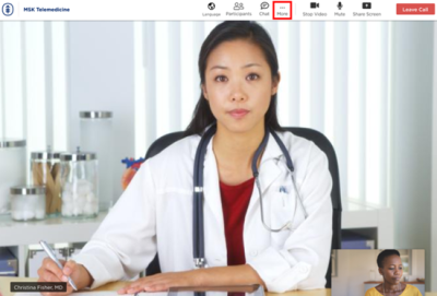 Figure 4. A sample of a screen after the care team joins the telemedicine visit. To test your device, select the 3 dots at the top of your screen (more). Then select the device settings button.