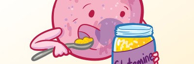 a cartoon of a cancer cell spooning glutamine from a jar