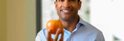 Neil Iyengar, medical oncologist at Memorial Sloan Kettering, is seen holding a piece of fruit. 
