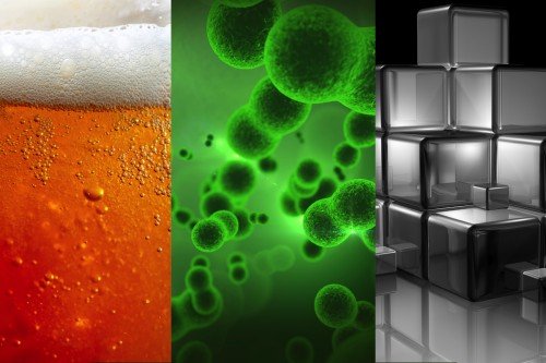 Montage of beer, reproducing cells, and building blocks