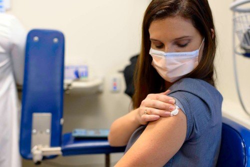 An MSK employee after receiving a COVID-19 vaccine