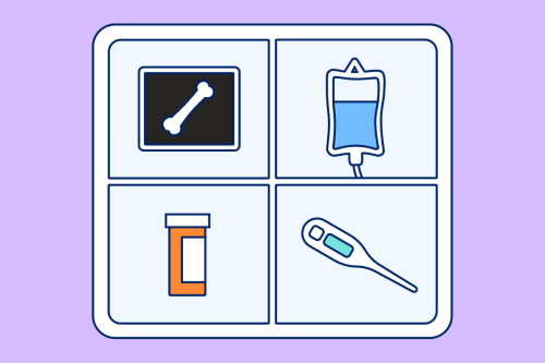 An X-ray, an IV bag, a bottle of medicine, and a thermometer represent many treatment types.