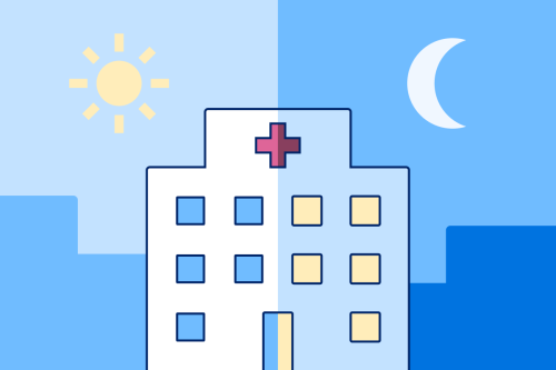 A building with medical cross, half in daytime and half in nighttime.