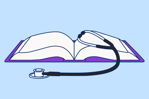 A stethoscope rests on top of an open reference book.