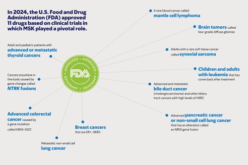 Graphic showing 11 cancer drugs approved by the FDA based on significant work done at MSK