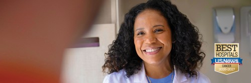 Nurse Practitioner Desiree Robinson pictured next to the US News & World Report badge for 2026-2027