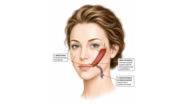 Drawing of gracilis muscle and nerve transfer used to restore facial movement. 