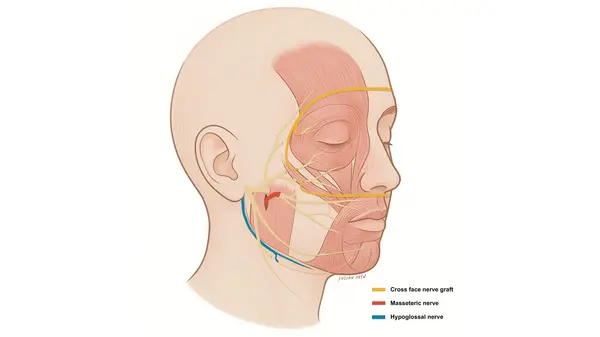 Facial nerve diagram showing cross-face graft, masseteric, and hypoglossal nerve transfers. 
