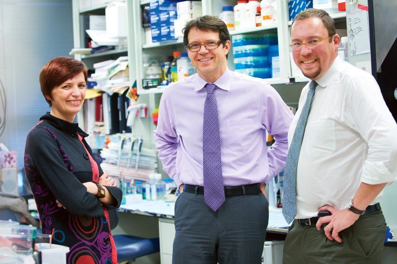 CAR T cell therapy pioneers: (from left) Isabelle Rivière, Michel Sadelain, and Renier Brentjens.